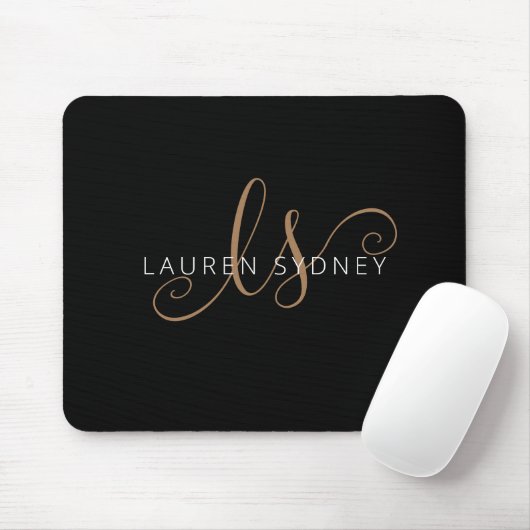 Modernes Schwarzes Gold Feminin Script Mit Monogra Mousepad (Mit Mouse)