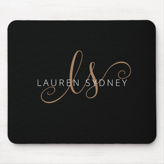 Modernes Schwarzes Gold Feminin Script Mit Monogra Mousepad (Vorne)