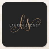 Modernes Schwarzes Gold Feminin Script Mit Monogra Rechteckiger Pappuntersetzer (Vorderseite)