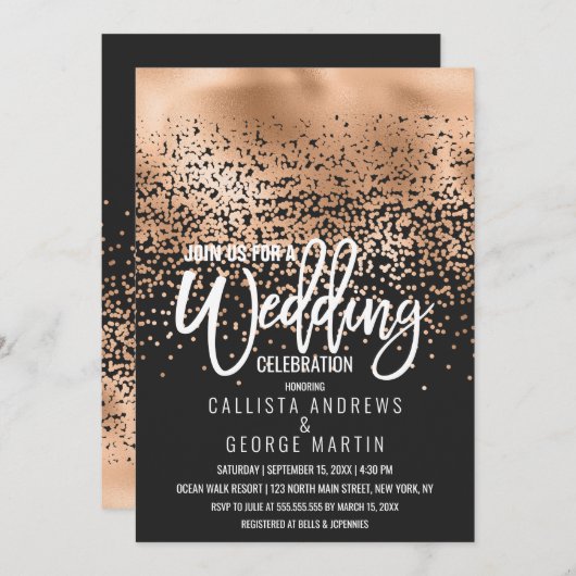 Modernes Schwarzes Gold Foil Confetti Ombre Weddin Einladung (Vorne/Hinten)