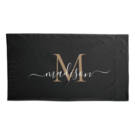 Modernes Schwarzes Gold Klassisches Monogramm Femi Kissenbezug (Rückseite-Rechts)