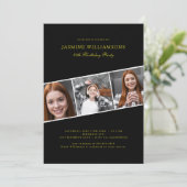 Modernes Schwarzes Gold mit drei Foto Collage Gebu Einladung (Stehend Vorderseite)