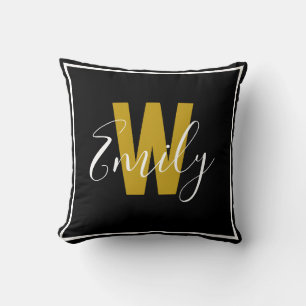 Modernes Schwarzes Gold Monogram Border Kissen