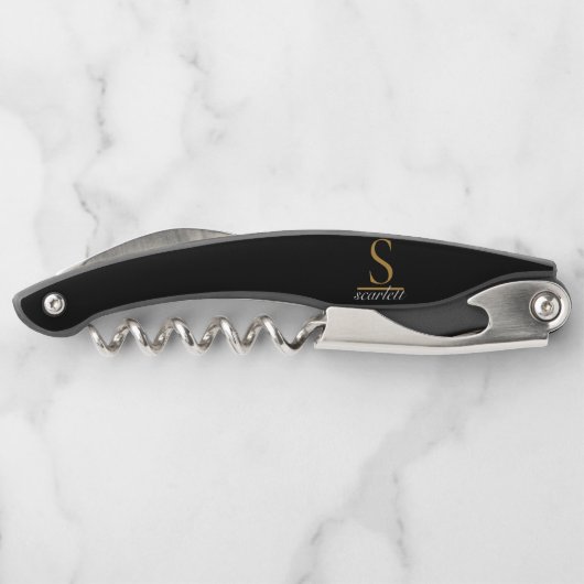 Modernes Schwarzes Gold Monogram Eleganter Skriptn Kellnermesser (Rückseite)