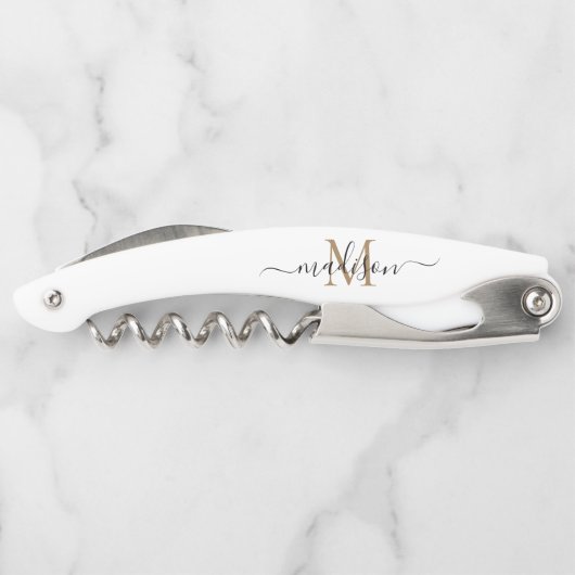 Modernes Schwarzes Gold Monogram Girl Script Name Kellnermesser (Rückseite)