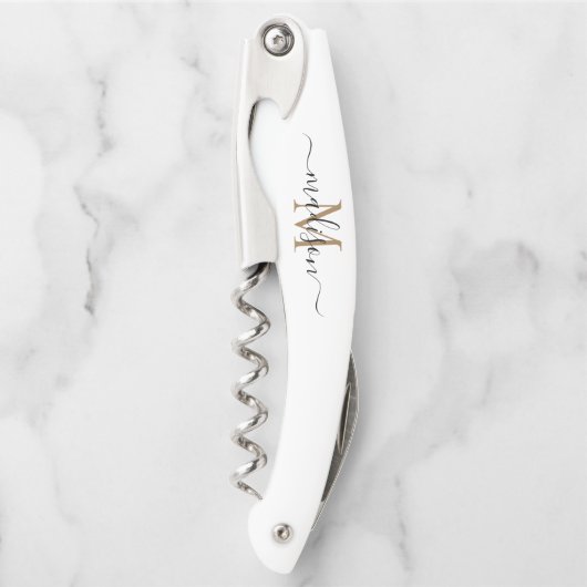 Modernes Schwarzes Gold Monogram Girl Script Name Kellnermesser (Vorderseite)