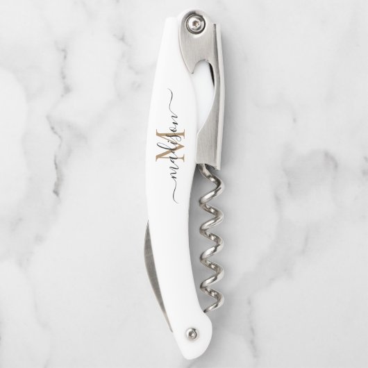 Modernes Schwarzes Gold Monogram Girl Script Name Kellnermesser (Rückseite)