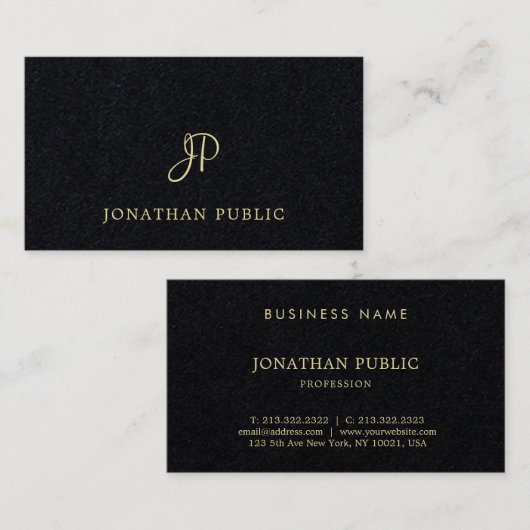 Modernes schwarzes Goldtext-Schriftart-Monogramm Visitenkarte (Vorne/Hinten)