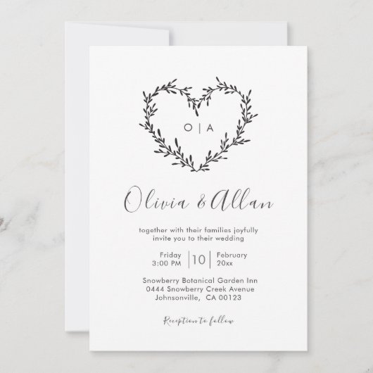 Modernes Schwarzes Herz Kalligrafie-Skript Hochzei Einladung (Vorderseite)