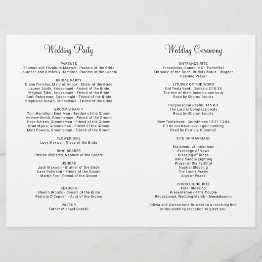 Modernes Schwarzes Herz-Script-Hochzeitsprogramm (Rückseite)