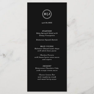 Modernes Schwarzes Hochzeitmenü für Monogramm Menükarte