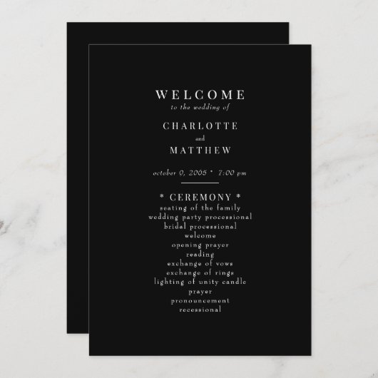 Modernes Schwarzes Hochzeitsprogramm Einladung (Vorne/Hinten)