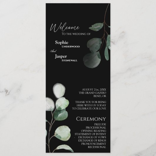 Modernes Schwarzes Hochzeitsprogramm im Grünen Programm (Vorderseite)