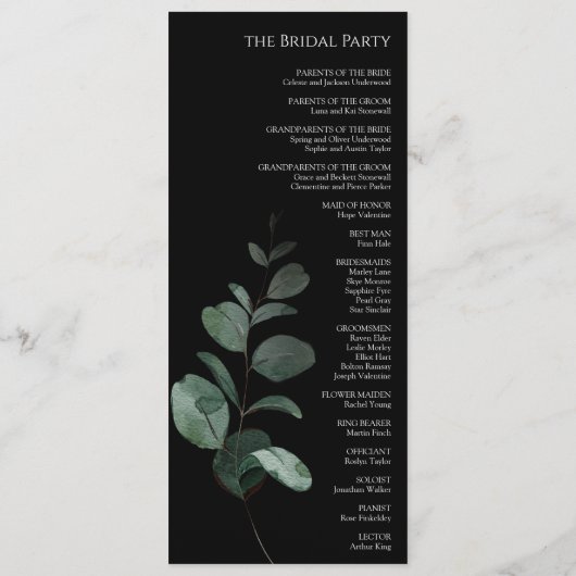 Modernes Schwarzes Hochzeitsprogramm im Grünen Programm (Rückseite)