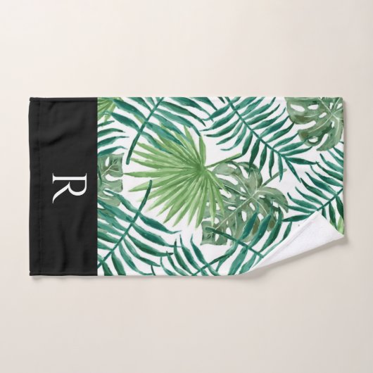 Modernes Schwarzes Leaf Muster Monogram Badezimmer Badhandtuch Set (Handtuch)