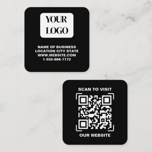 Modernes schwarzes Logo QR-Code-Scan-Website Quadr Quadratische Visitenkarte (Vorne/Hinten)