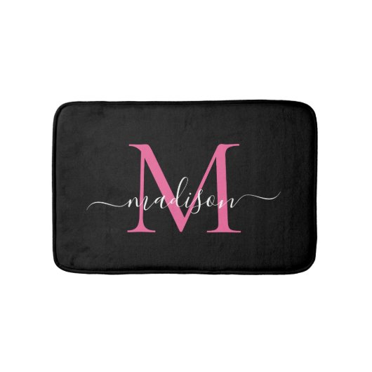 Modernes Schwarzes Magenta Rosa Monogram Script El Badematte (Vorderseite)