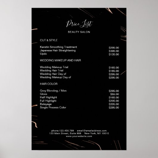 Modernes schwarzes Marmorrosegold-Preisschild Poster (Vorne)