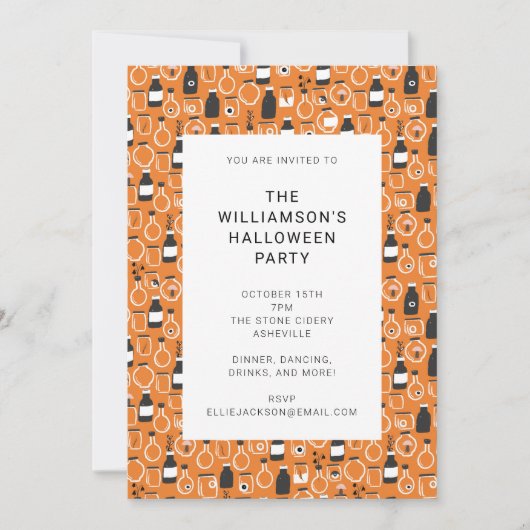 Modernes schwarzes Orangenapothekar-Halloween-Part Einladung (Vorderseite)