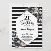 Modernes Schwarzes Party Streifen 21. Geburtstag Einladung (Vorderseite)