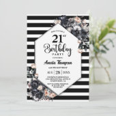 Modernes Schwarzes Party Streifen 21. Geburtstag Einladung (Stehend Vorderseite)