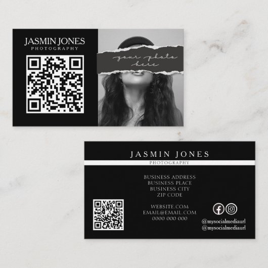 Modernes schwarzes QR-Code-Foto Visitenkarte (Vorne/Hinten)