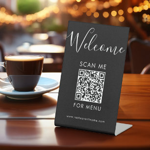Modernes schwarzes QR-Code-Menü Willkommen Scanne Sockelschild