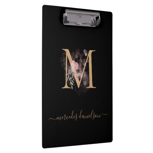 Modernes Schwarzes Rosa Rosa Mit Monogramm Klemmbrett (Rechts)