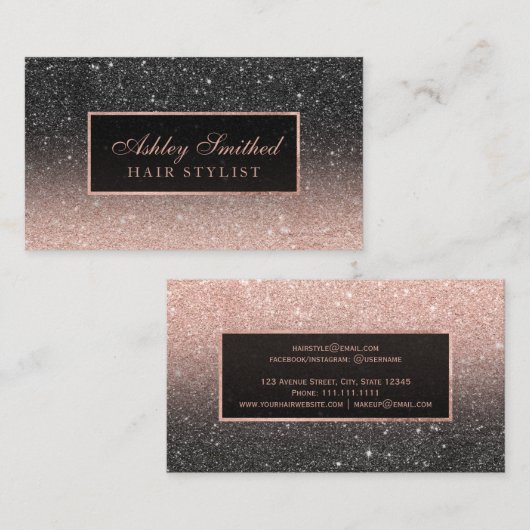 Modernes schwarzes RosengoldGlitter Chic ombre Visitenkarte (Vorne/Hinten)