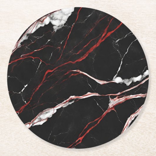 Modernes Schwarzes Rotes Marmor Runder Pappuntersetzer (Vorderseite)