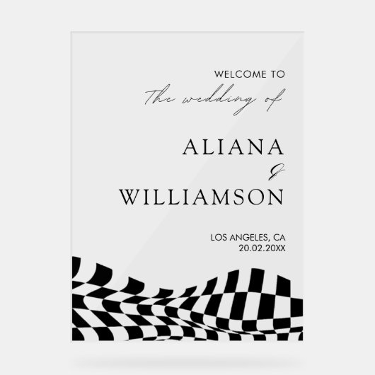 Modernes Schwarzes Schachbrettmuster Hochzeitsempf Acrylschild (Vorderseite)