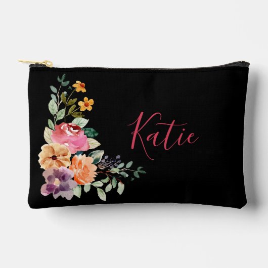 Modernes Schwarzes Schwarzes Farbflorales Script M Zubehörtasche (Vorderseite)