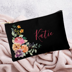 Modernes Schwarzes Schwarzes Farbflorales Script M Zubehörtasche
