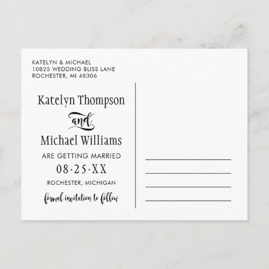 Modernes Schwarzes Script-Hochzeitsskripte-Foto Sa Ankündigungspostkarte (Rückseite)