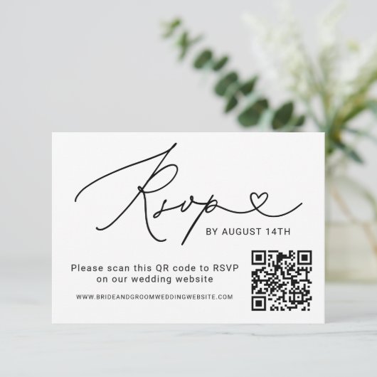 Modernes Schwarzes Script QR Code Hochzeit RSVP Karte (Stehend Vorderseite)
