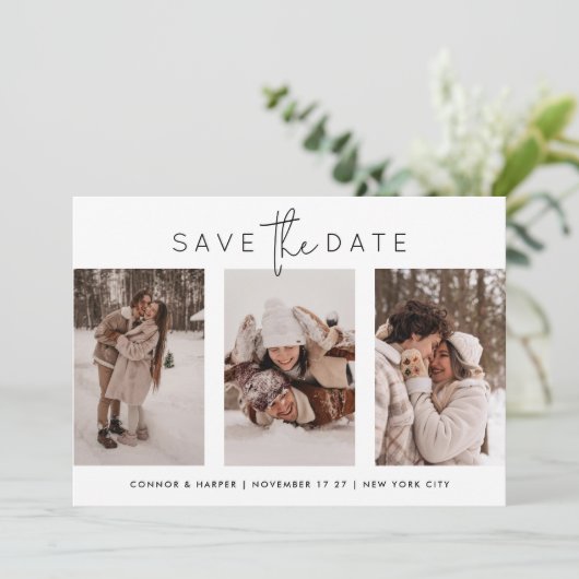 Modernes Schwarzes Skript 3 Multi-Foto Collage Save The Date (Stehend Vorderseite)