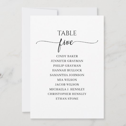 Modernes Schwarzes Skript Tischnummer 5 Sitzplan (Rückseite)