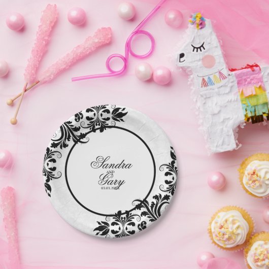 Modernes schwarzes Spitzen-weißes Damask-Muster Pappteller (Party)
