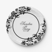 Modernes schwarzes Spitzen-weißes Damask-Muster Pappteller (Vorderseite)