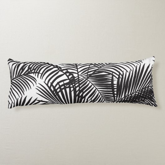 Modernes schwarzes tropisches Palmemuster Seitenschläferkissen (Rückseite)