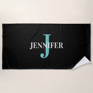 Modernes Schwarzes und Aquamarines Monogramm Perso Strandtuch