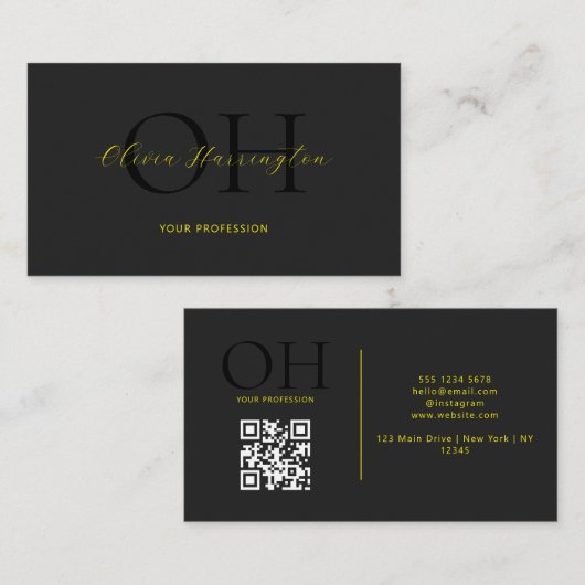 Modernes, schwarzes und gelbes QR-Code Visitenkarte (Vorne/Hinten)