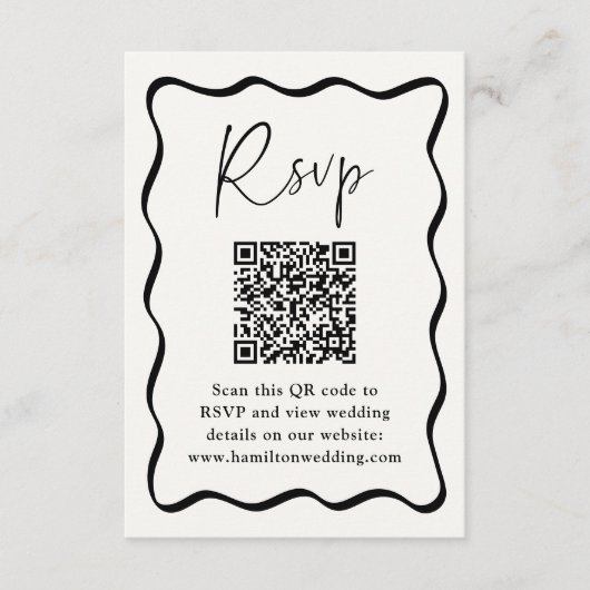 Modernes schwarzes Wavy Frame QR Code Hochzeit RSV Begleitkarte (Vorderseite)