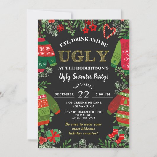 Modernes Schwarzes Weihnachtsfest Ugly Sweater Par Einladung (Vorderseite)