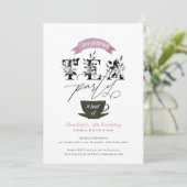 Modernes Schwarzweiss-Watercolor-Tee-Party-Rosa Einladung (Stehend Vorderseite)