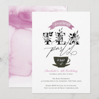 Modernes Schwarzweiss-Watercolor-Tee-Party-Rosa Einladung