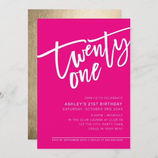 MODERNES SCRIPT 21. Geburtstag Party rosa Weiß Einladung (Vorne/Hinten)