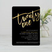 MODERNES SCRIPT 21. Geburtstag Party Schwarz-weiß Folieneinladung (Stehend vorne)