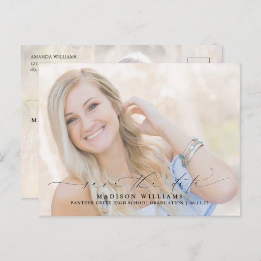 Modernes Script 2 Foto Abschluss Save the Date Ankündigungspostkarte (Vorne/Hinten)