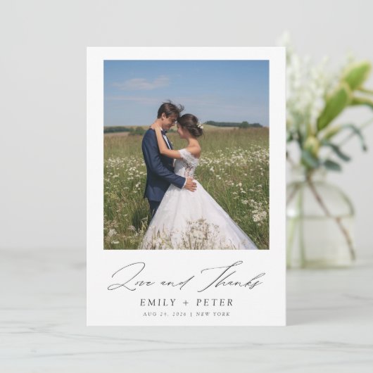 Modernes Script 2 Foto Hochzeit Dankeskarte (Stehend Vorderseite)